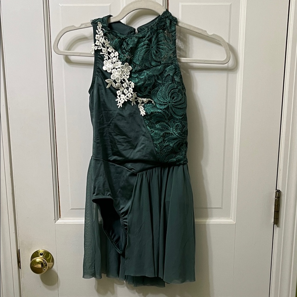 Emerald Green Lace Kids Dance Bodysuit Dress white sparkly lace appliqué